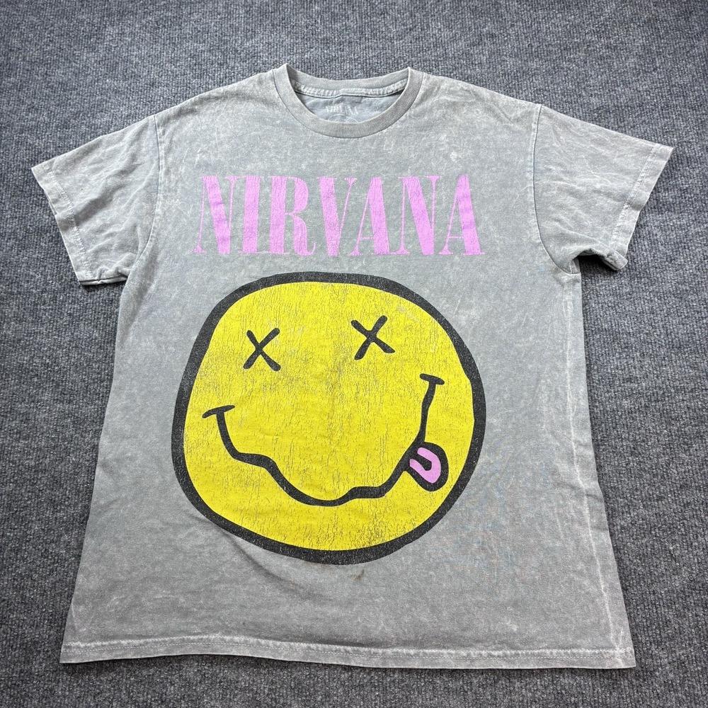 Nirvana T Shirt Mens M Gray Acid Wash Smiley Face Band Tee Grunge Rock